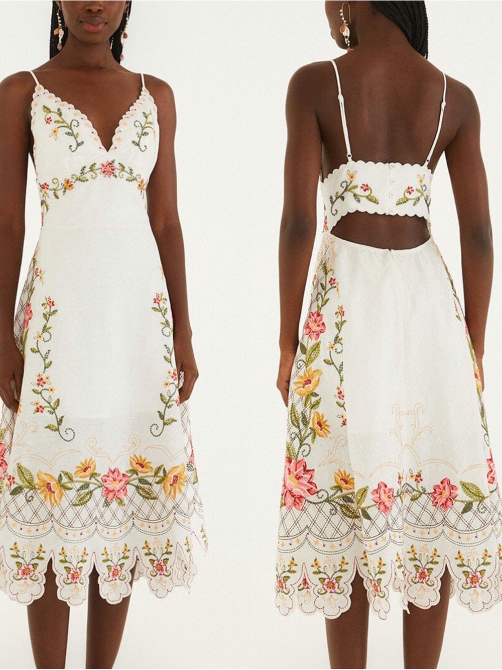 Farm Rio Flower Embroidery White Floral Eyelet Midi Dress with Spaghetti Straps